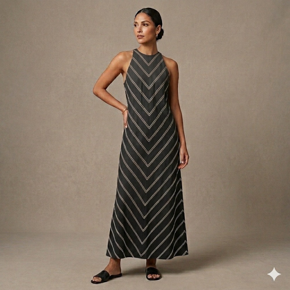 J.Crew Linen Halter Maxi Dress‎ Black Chevron Stripe A4994 Size 00